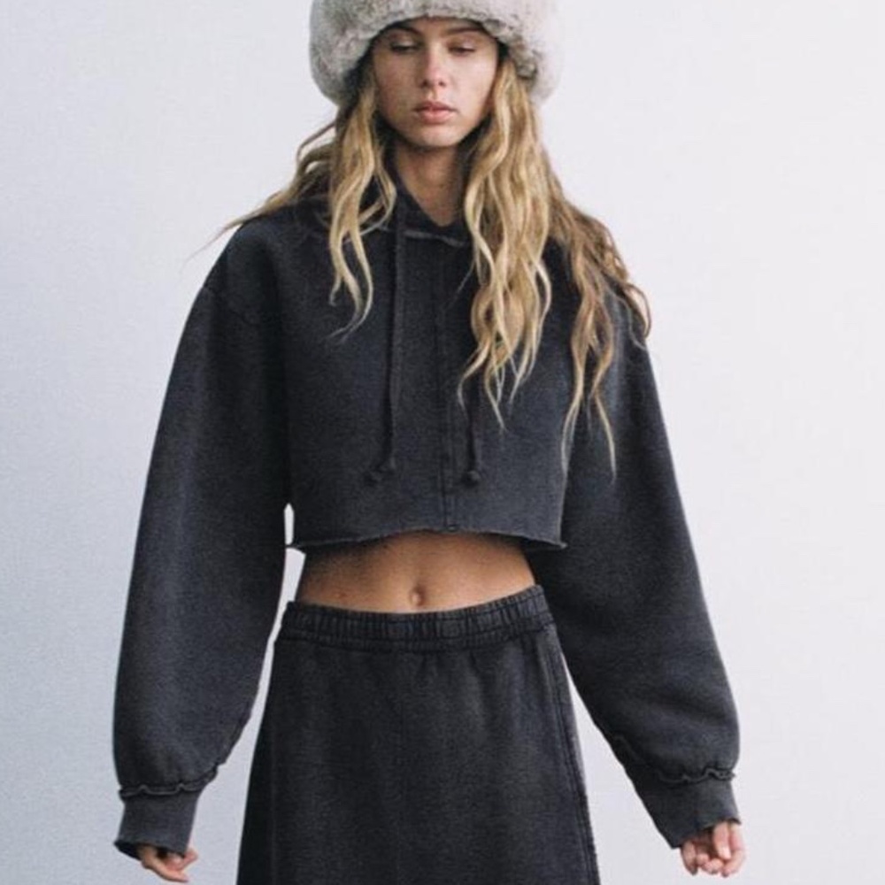 NWT Zara Gray Faded Washed Effect Cropped Hoodie Hooded Sweater Size M Medium